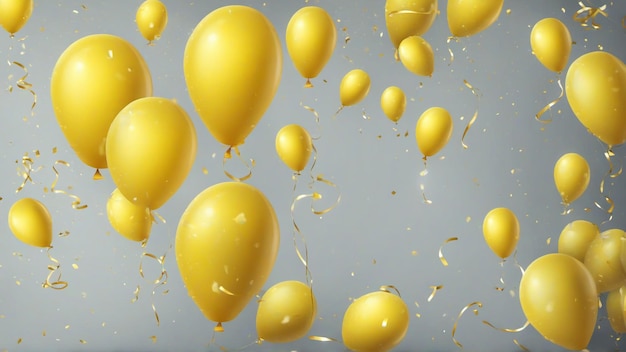 bunch of yellow balloons birthday background in front of a gray wall