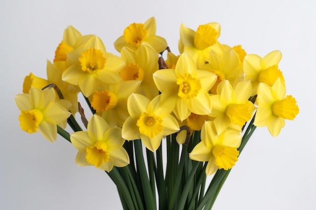 A bunch of yellow daffodils are in a vase.