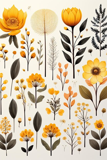 A bunch of yellow flowers on a white background Generative AI