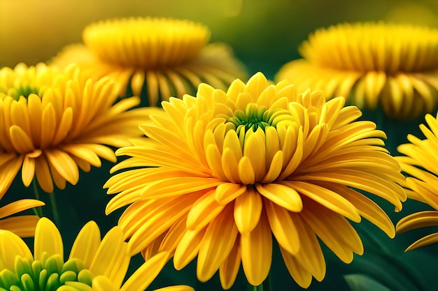 A bunch of yellow flowers with green center