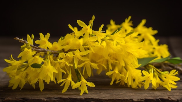 A bunch of yellow flowers on a wooden table