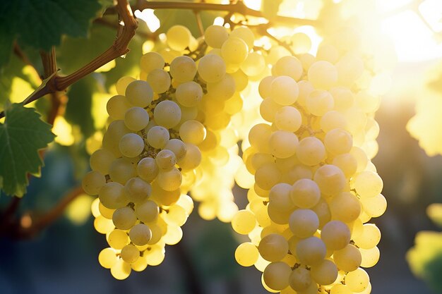 Bunch of yellow and green grapes in the vineyard at sunset background generated by ai