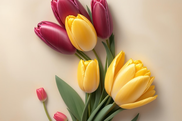 A bunch of yellow and red tulips with one that says'spring'on it