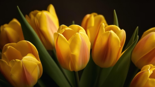 A bunch of yellow tulips with one that says tulips.