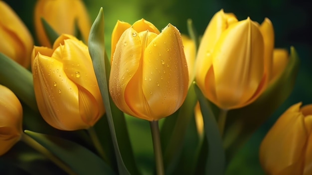 A bunch of yellow tulips with the word tulips on the bottom