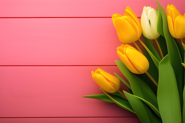 A bunch of yellow and white tulips on a pink background