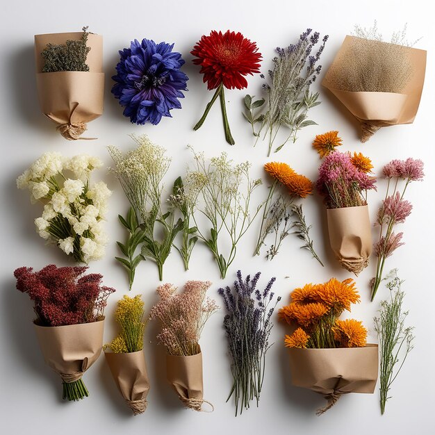 Bunches of Flowers Herbs and Dried Flowers in Kraft Packaging on White Background