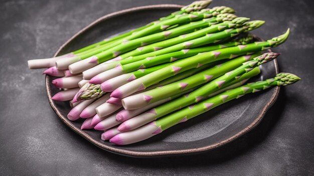 Bunches of fresh green purple white asparagus