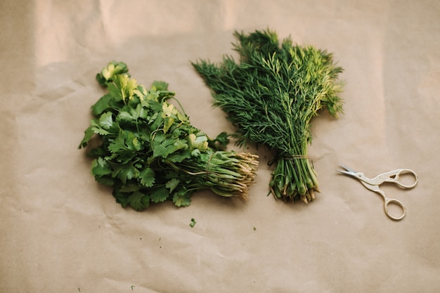 Bunches of fresh greens and organic herbs on beige surface