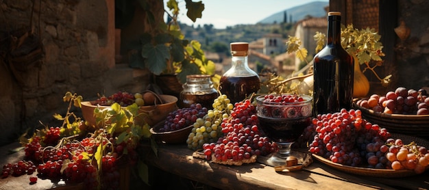 грозди винограда и бокалы вина на размытом фоне Генеративный AI
