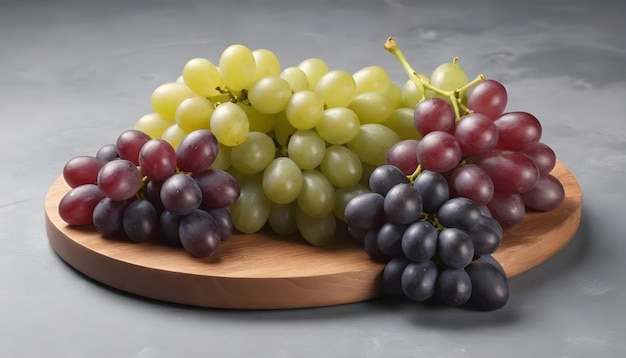 Bunches of grapes placed on wooden plate