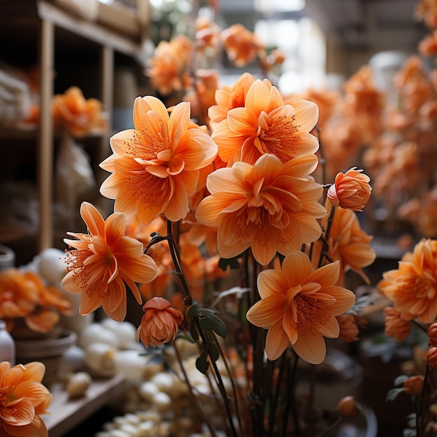 bunches of orange flowers in a flower shop generative ai