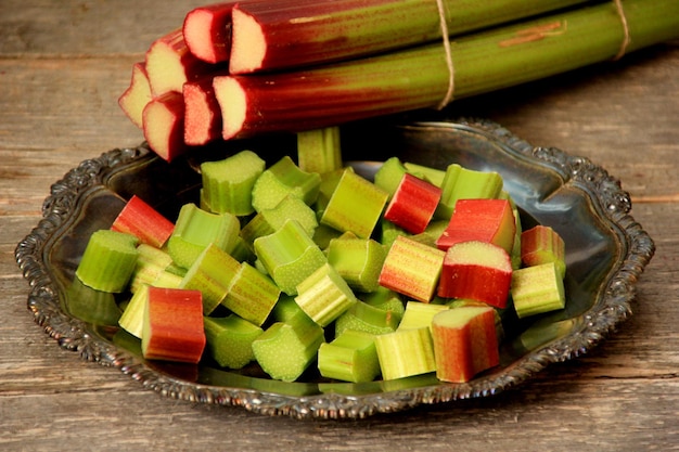 Bunches of organic rhubarb at a farmers market