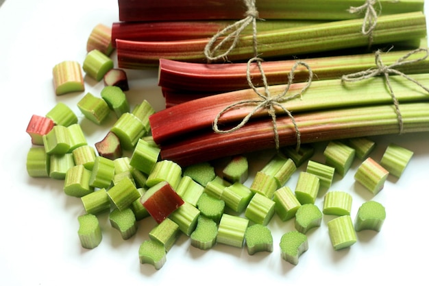 Bunches of organic rhubarb at a farmers market