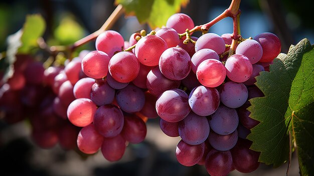 Bunches of plump grapes hanging from a vine