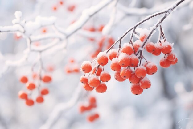 Кучки роуэнберри sorbus aucuparia зимой, покрытые снегом в морозный день