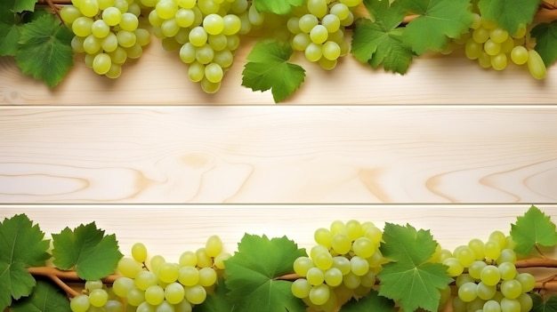пучки белого винограда с листьями на легком деревянном столе копировать пространство для текста