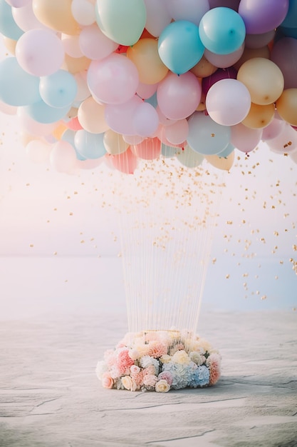 Bundel ballonnen met boeket bloemen vakantie achtergrond