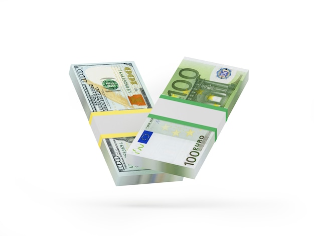 Bundel van dollar en bundel van eurobankbiljetten