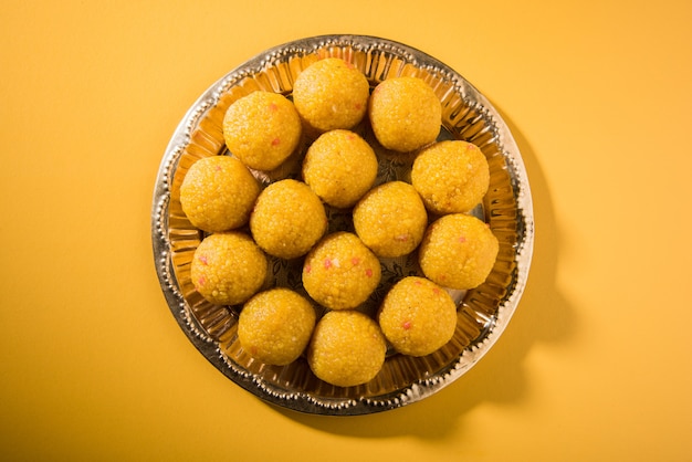 Bundi Laddoo or Motichoor Laddu prepared in pure ghee is a popular sweet item in festivals as offering or weddings in India