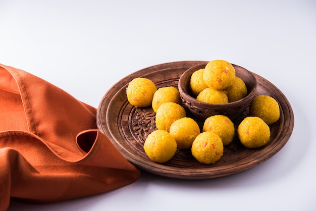 Bundi Laddoo or Motichoor Laddu prepared in pure ghee is a popular sweet item in festivals as offering or weddings in India