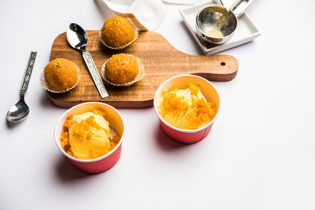 Bundi laddu or Motichoor Ice cream is a fusion of Ice-cream with indian traditional sweet motichur laddoo from India, selective focus