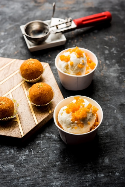 Bundi laddu or Motichoor Ice cream is a fusion of Ice-cream with indian traditional sweet motichur laddoo from India, selective focus