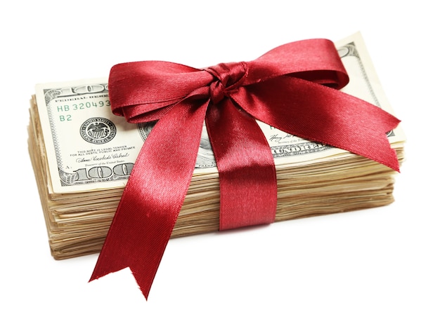 Photo bundle of dollars tied with ribbon isolated on white surface