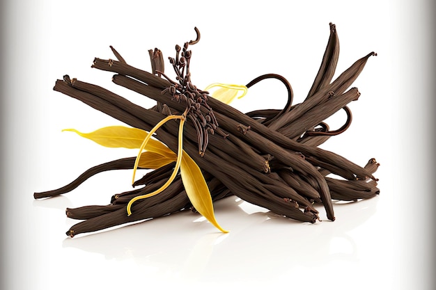 Photo bundle of dry vanilla beans on white background