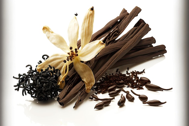 A bundle of dry vanilla beans with orchid flower