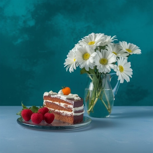 Пучок цветов рядом с небольшим кусочком торта