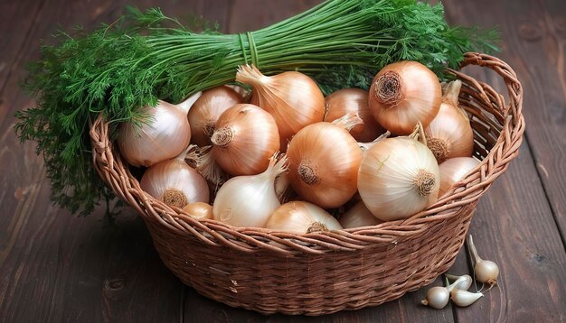 Bundle of freely lying dried onion with parsley herbs and dill in basket on a wooden table