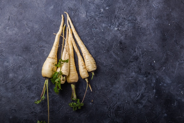 Bundle of fresh organic parsnip  over gray texture surface .