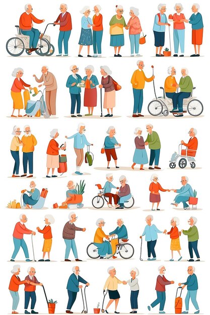 사진 색 배경에 고립된 귀여운 재미있는 활동적인 노인 커플의 어리 레크리에이션 컬렉션