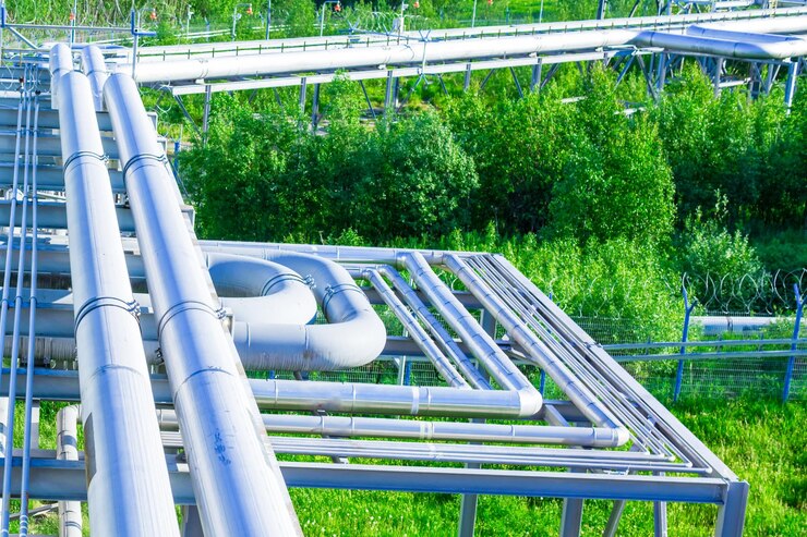 A bundle of pipelines of a gas processing plant against a background of green forest and grass