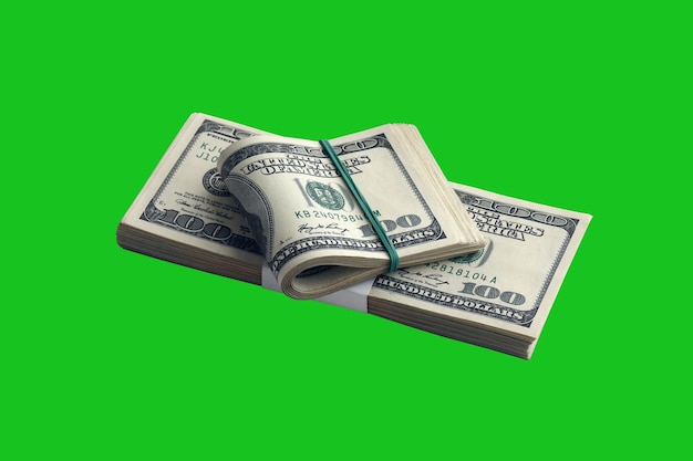 Bundle of US dollar bills isolated on chroma keyer green. Pack of american money with high resolution on perfect green mask