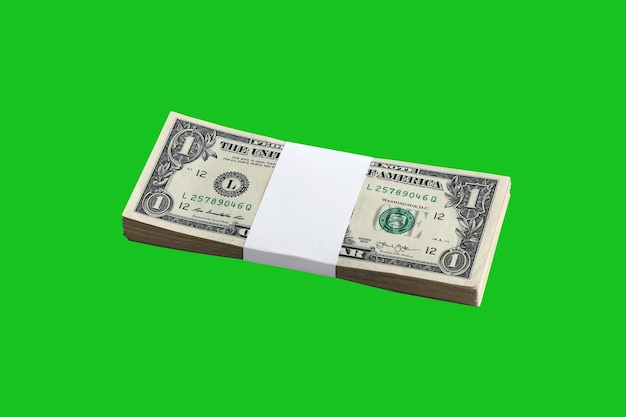 Pacchetto di banconote da un dollaro usa isolate su chroma keyer green confezione di denaro americano ad alta risoluzione su maschera verde perfetta