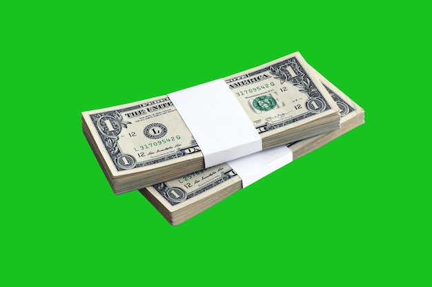 Pacchetto di banconote da un dollaro usa isolate su chroma keyer green confezione di denaro americano ad alta risoluzione su maschera verde perfetta