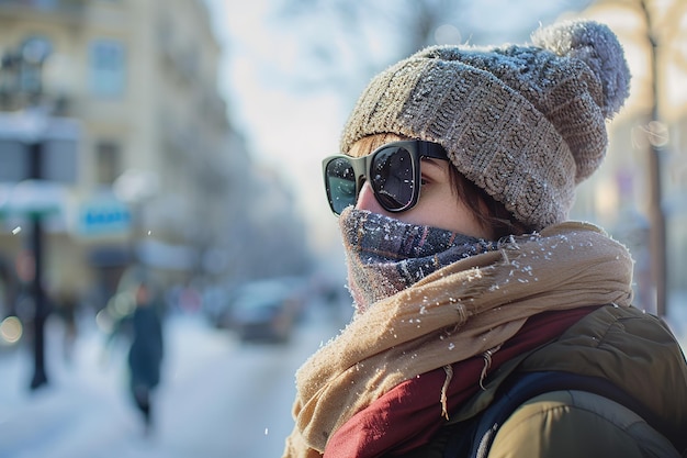 Bundled up for winter a person enjoys a frosty day