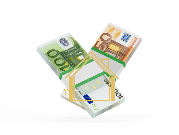 Bundles of euro banknotes with house icon.