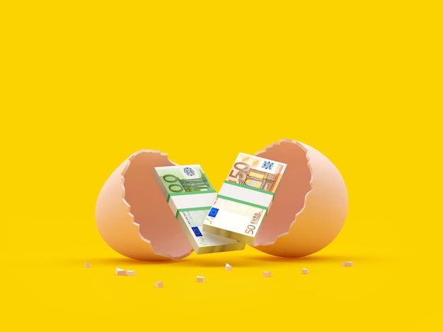 Bundles of euro bills in a broken eggshell