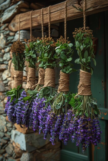 Bundles of fresh herbs hanging on the wall
