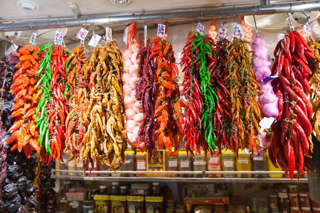 Bundles of red pepper and garlic  