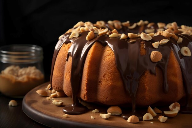 Photo bundt cake covered with melting chocolate and decorated with nuts tasty confectionary pastry sugary dessert generate ai