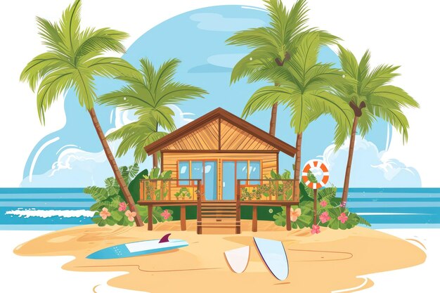 Бунгало на пляже с досками для серфинга на палубе, пальмы на заднем плане и цветочные украшения