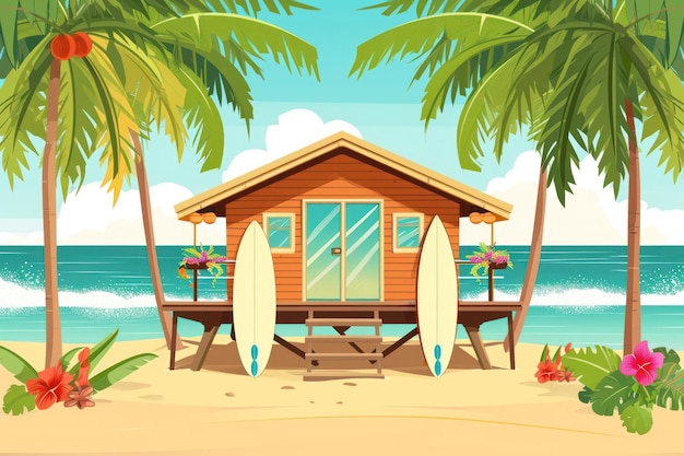 Foto bungalow op een strand met surfplanken op het dek palmbomen op de achtergrond en bloemendecoratie