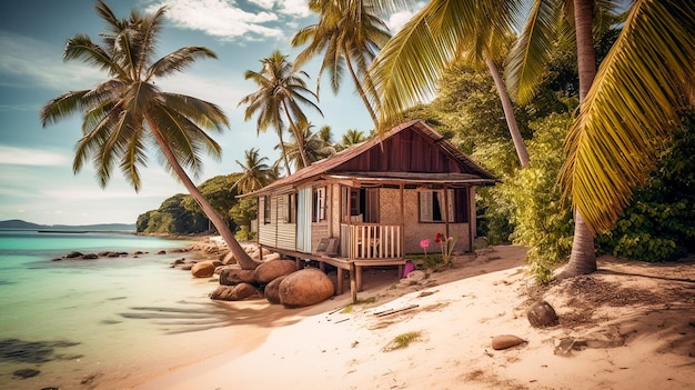 Bungalow op een tropisch strand Gezellige houten toeristische hut