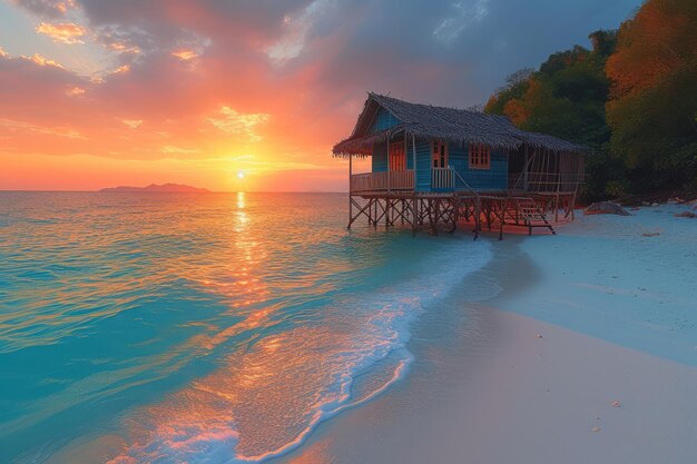 Bungalow op het Tropical Perfect White Sand Beach extreme close-up Generatieve AI