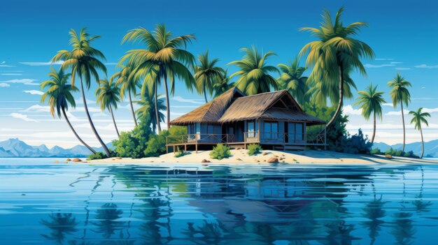 Bungalow and palm trees on a tiny tropical island