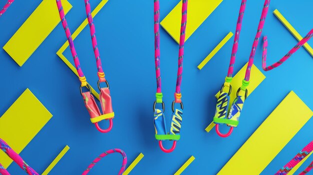 Bungee jumping ropes and harnesses in a geometric pattern 3D style isolated flying objects memphis style 3D render AI generated illustration